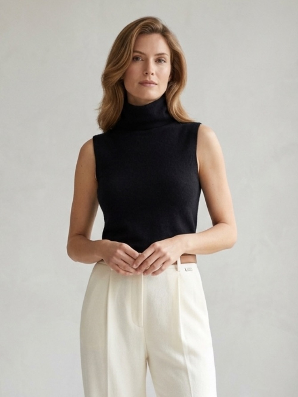 Valerie Stevens Black 2-Ply Cashmere Sleeveless Turtleneck Sweater Vest- Small